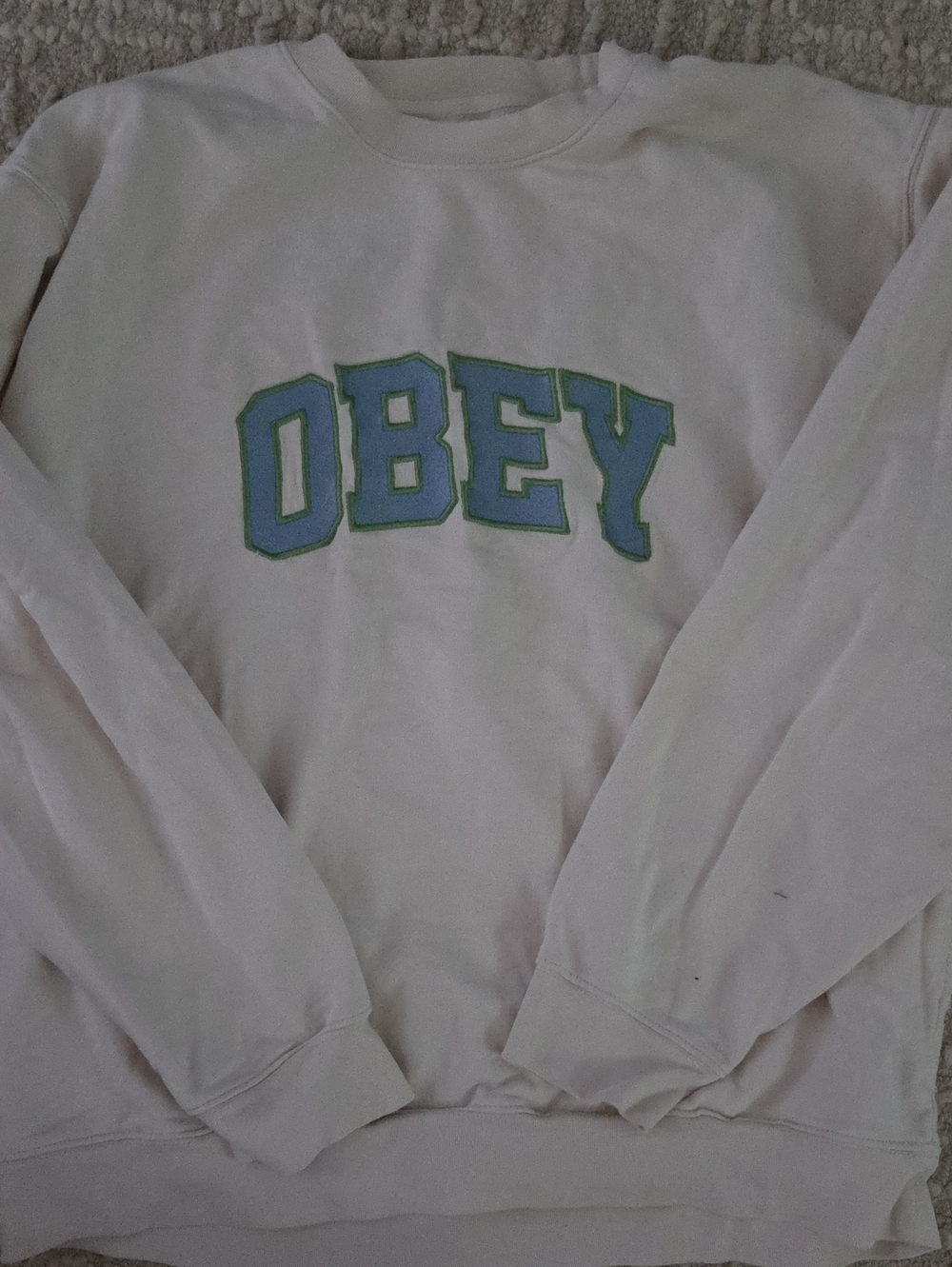 Obey Ivory Crewneck with Blue and Green Lettering, XLv